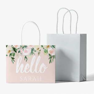 Modern Pastel Pink Flowers Hello And You Name Large Gift Bag