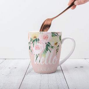 Modern Pastel Pink Flowers Hello And You Name Latte Mug