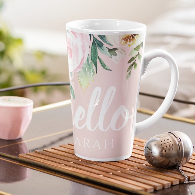 Modern Pastel Pink Flowers Hello And You Name Latte Mug (Creator Uploaded)