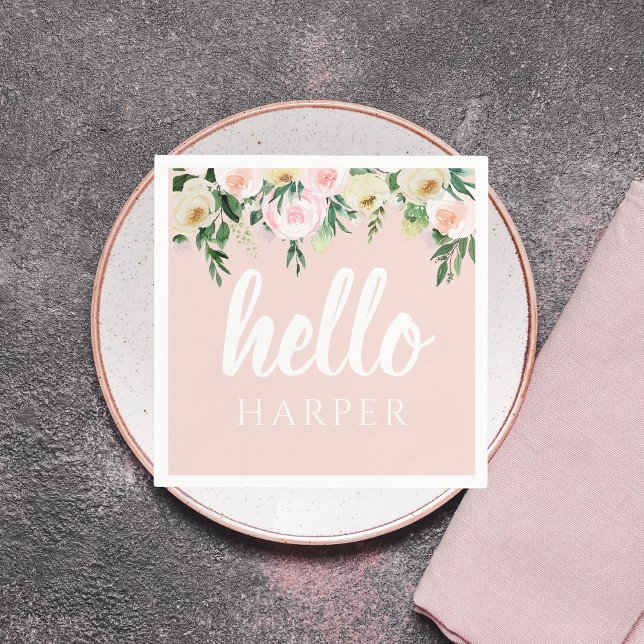 Modern Pastel Pink Flowers Hello And You Name Napkin (Creator Uploaded)