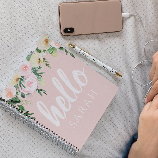 Modern Pastel Pink Flowers Hello And You Name Notebook (Creator Uploaded)