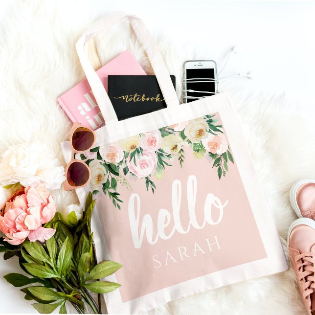 Modern Pastel Pink Flowers Hello And You Name Tote Bag (Creator Uploaded)