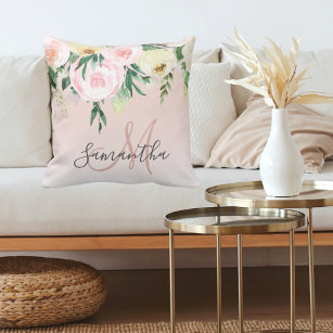 Modern Pastel Pink & Flowers With Name Cushion