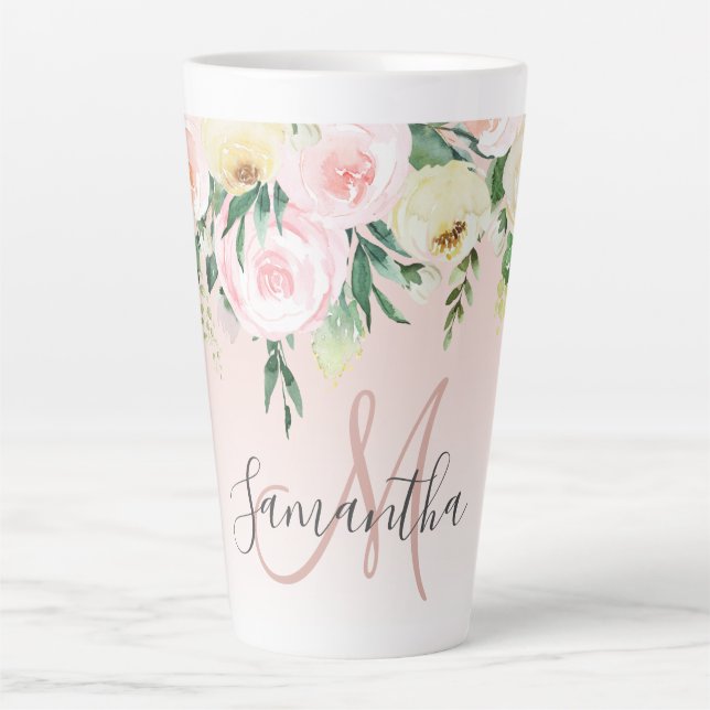 Modern Pastel Pink & Flowers With Name Latte Mug (Front)