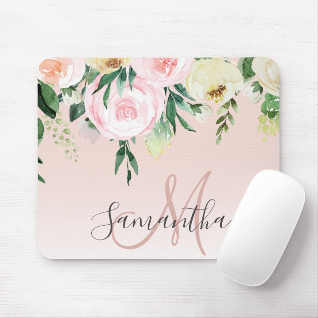 Modern Pastel Pink & Flowers With Name Mouse Pad (With Mouse)