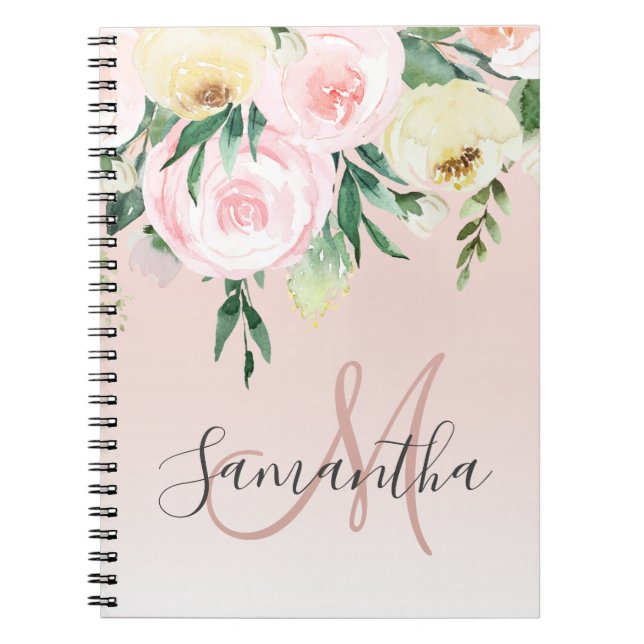 Modern Pastel Pink & Flowers With Name Notebook (Front)
