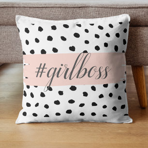Modern Pastel Pink Girl Boss & Black Dots Cushion