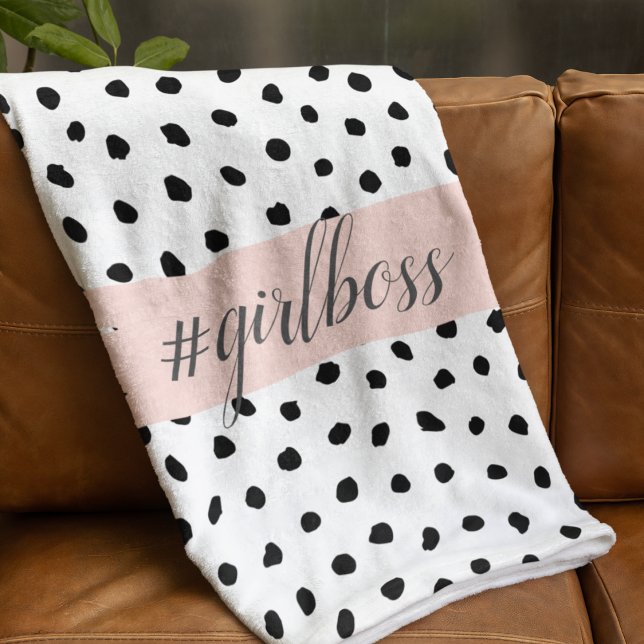 Modern Pastel Pink Girl Boss & Black Dots Fleece Blanket (Creator Uploaded)