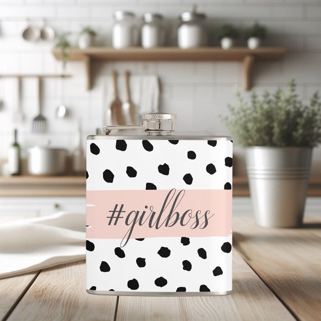 Modern Pastel Pink Girl Boss & Black Dots Hip Flask (Creator Uploaded)