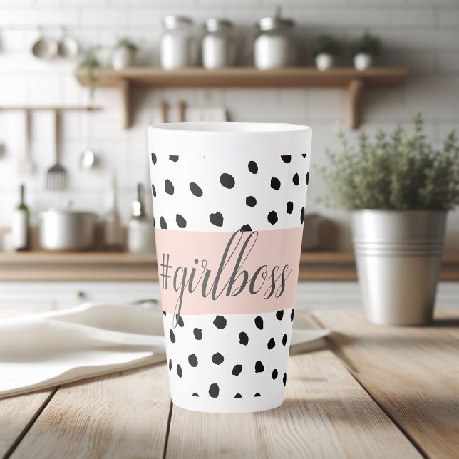 Modern Pastel Pink Girl Boss & Black Dots Latte Mug (Creator Uploaded)