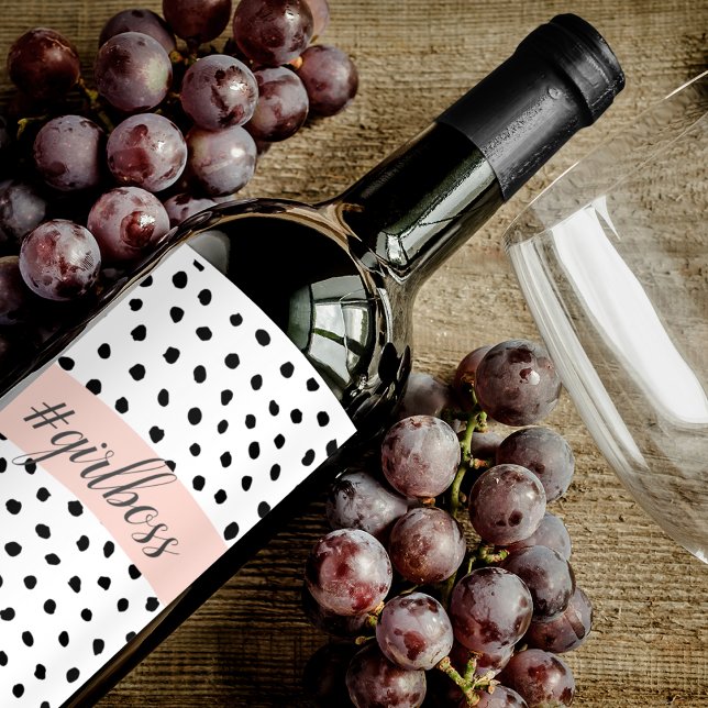 Modern Pastel Pink Girl Boss & Black Dots Wine Label (Creator Uploaded)