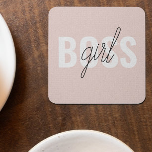 Modern Pastel Pink Girl Boss Phrase Square Paper Coaster