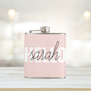 Modern Pastel Pink Hello And You Name Hip Flask