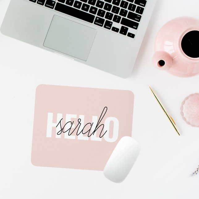 Modern Pastel Pink Hello And You Name Mouse Pad (Creator Uploaded)