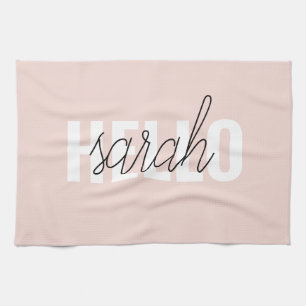 Modern Pastel Pink Hello And You Name Tea Towel