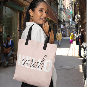Modern Pastel Pink Hello And You Name Tote Bag