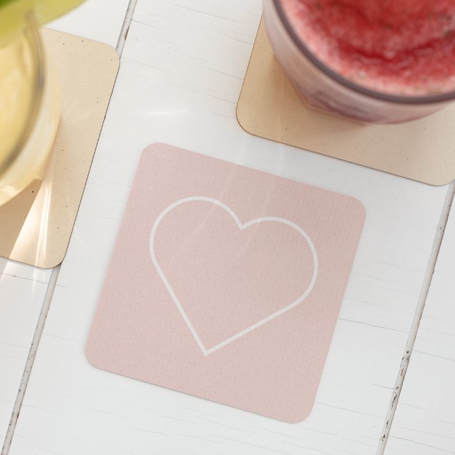 Modern Pastel Pink & Minimalist Heart Lovely Gift Square Paper Coaster (Creator Uploaded)
