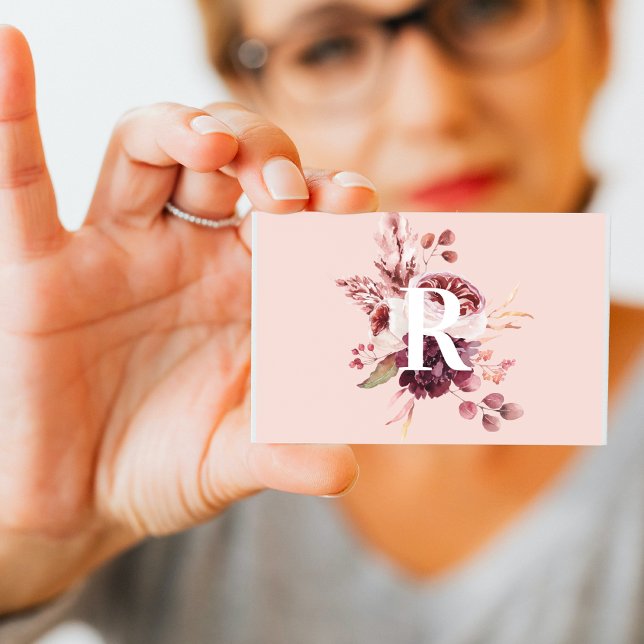 Modern Pastel Pink & Red Floral With Initial Business Card (Creator Uploaded)