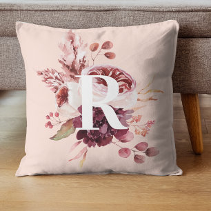 Modern Pastel Pink & Red Floral With Initial Cushion