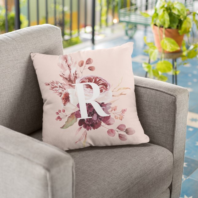 Modern Pastel Pink & Red Floral With Initial Cushion (Creator Uploaded)