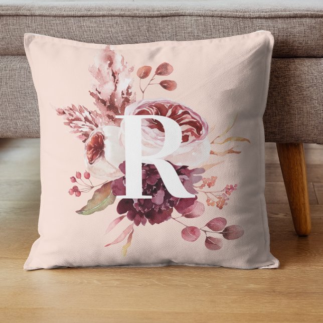 Modern Pastel Pink & Red Floral With Initial Cushion (Creator Uploaded)