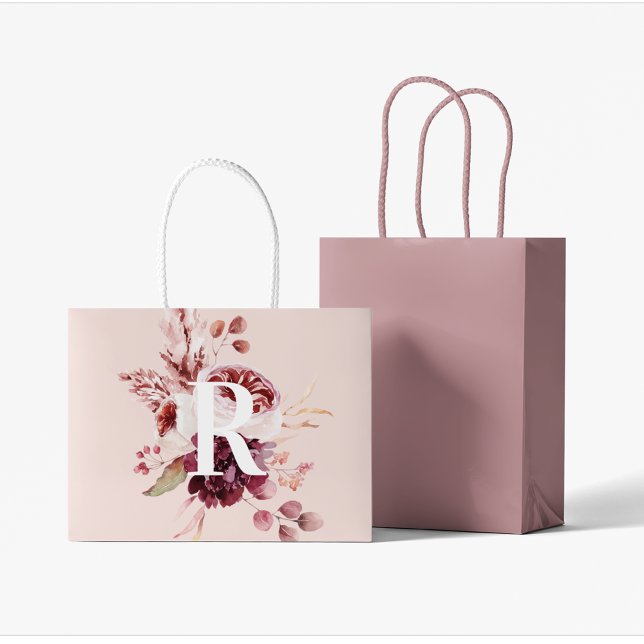 Modern Pastel Pink & Red Floral With Initial Large Gift Bag (Creator Uploaded)