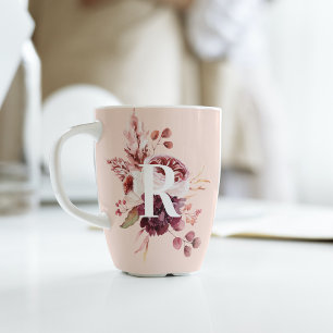 Modern Pastel Pink & Red Floral With Initial Latte Mug