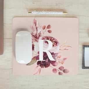 Modern Pastel Pink & Red Floral With Initial Mouse Pad