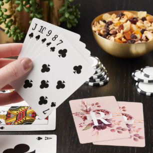 Modern Pastel Pink & Red Floral With Initial Playing Cards