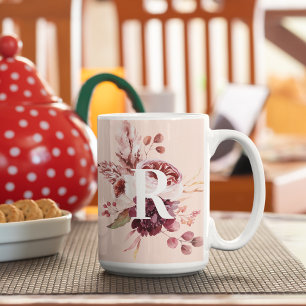 Modern Pastel Pink & Red Floral With Initial Two-Tone Coffee Mug