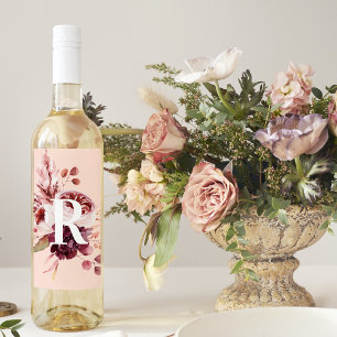 Modern Pastel Pink & Red Floral With Initial Wine Label