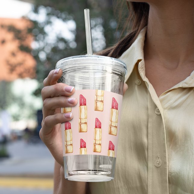 Modern Pastel Pink & Red Lipstick Pattern Girly Acrylic Tumbler (Creator Uploaded)