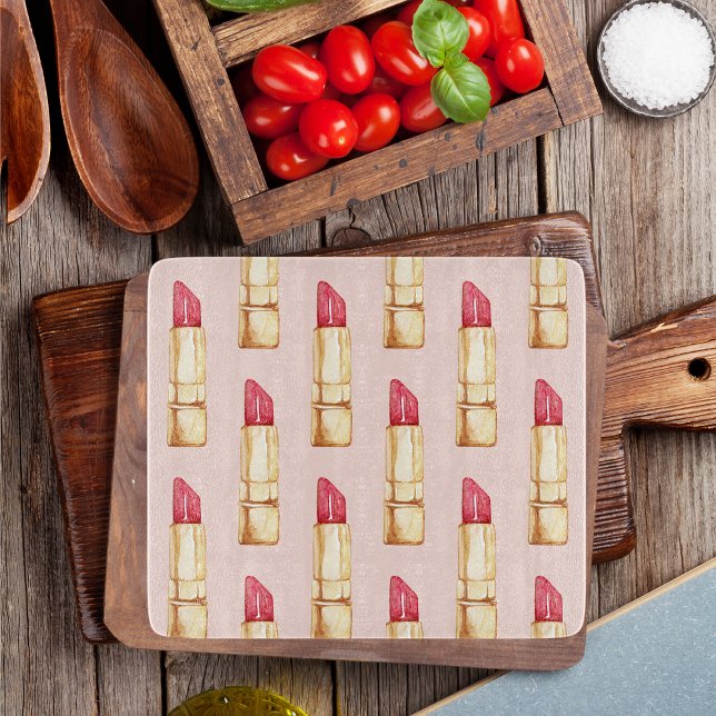 Modern Pastel Pink & Red Lipstick Pattern Girly Cutting Board (Creator Uploaded)