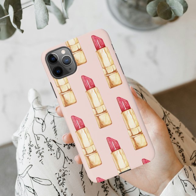Modern Pastel Pink & Red Lipstick Pattern Girly iPhone Case (Creator Uploaded)