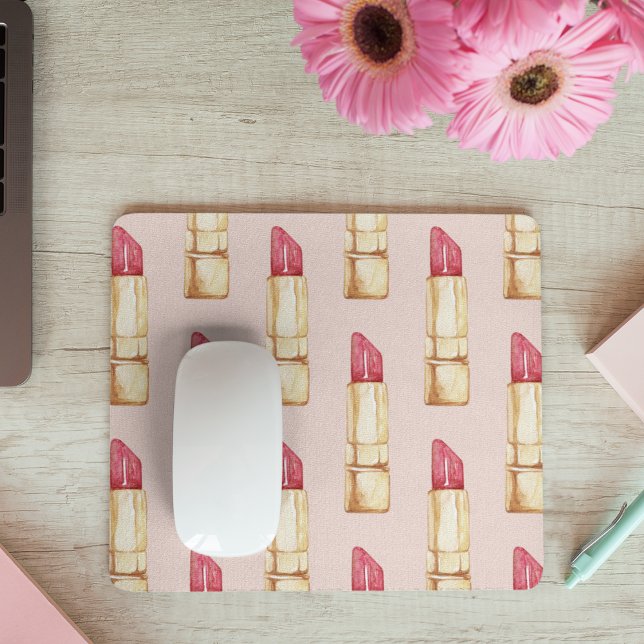Modern Pastel Pink & Red Lipstick Pattern Girly Mouse Pad (Creator Uploaded)