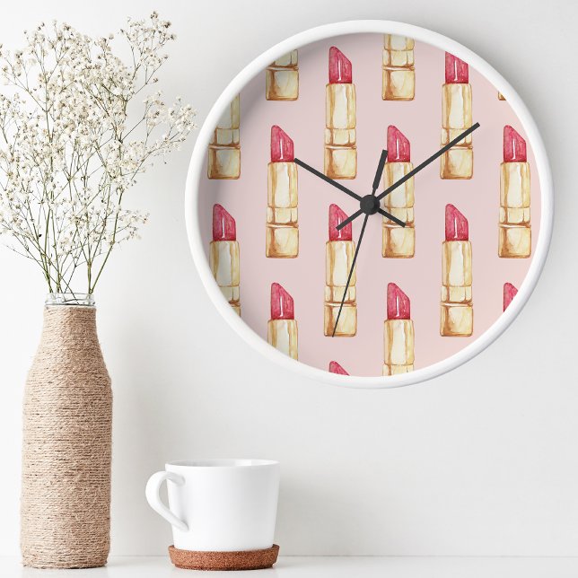 Modern Pastel Pink & Red Lipstick Pattern Girly Round Clock (Creator Uploaded)
