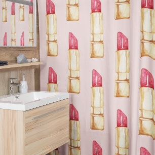 Modern Pastel Pink & Red Lipstick Pattern Girly Shower Curtain