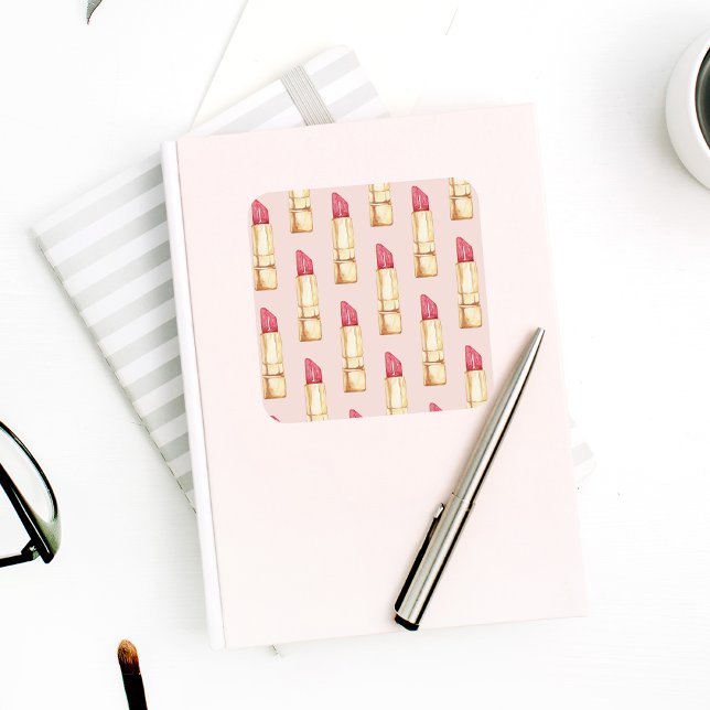 Modern Pastel Pink & Red Lipstick Pattern Girly Square Sticker (Creator Uploaded)
