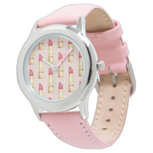 Modern Pastel Pink & Red Lipstick Pattern Girly Watch