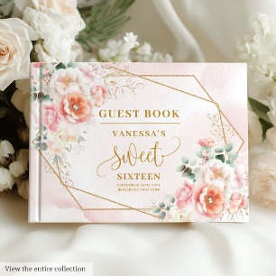 Modern Pastel Pink Sage Gold Floral Sweet Sixteen  Guest Book