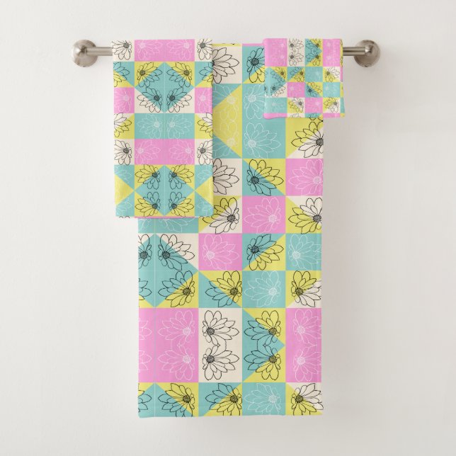 Modern Pastel Pink & Teal Floral Chequerboard Bath Towel Set (Insitu)