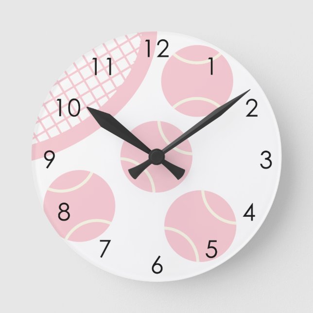 Modern Pastel Pink Tennis Ball Racket Round Clock (Front)
