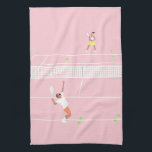Modern Pastel Pink Tennis Match Tea Towel<br><div class="desc">Modern pink tennis match illustration on pink tennis court.</div>