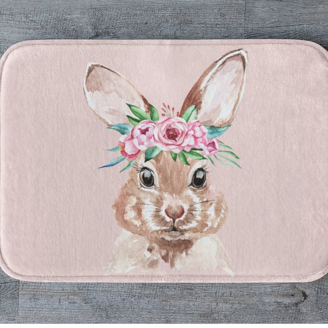 Modern Pastel Pink Watercolor Bunny With Flowers Bath Mat (Creator Uploaded)