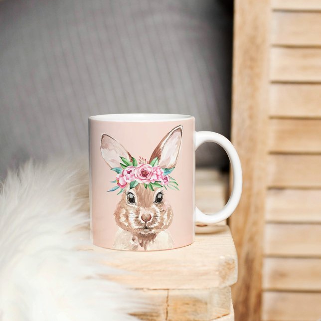 Modern Pastel Pink Watercolor Bunny With Flowers Coffee Mug (Creator Uploaded)