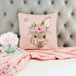 Modern Pastel Pink Watercolor Bunny With Flowers Cushion