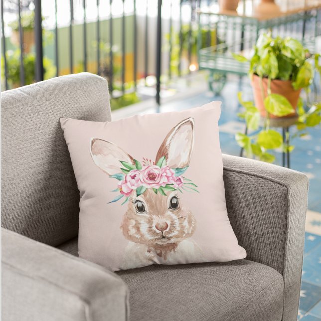Modern Pastel Pink Watercolor Bunny With Flowers Cushion (Creator Uploaded)