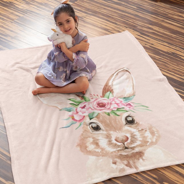Modern Pastel Pink Watercolor Bunny With Flowers Fleece Blanket (Creator Uploaded)
