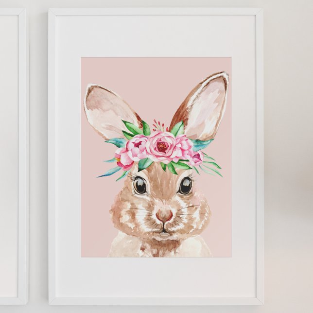 Modern Pastel Pink Watercolor Bunny With Flowers Poster (Creator Uploaded)