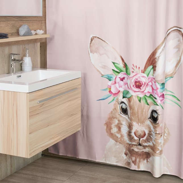 Modern Pastel Pink Watercolor Bunny With Flowers Shower Curtain (Creator Uploaded)